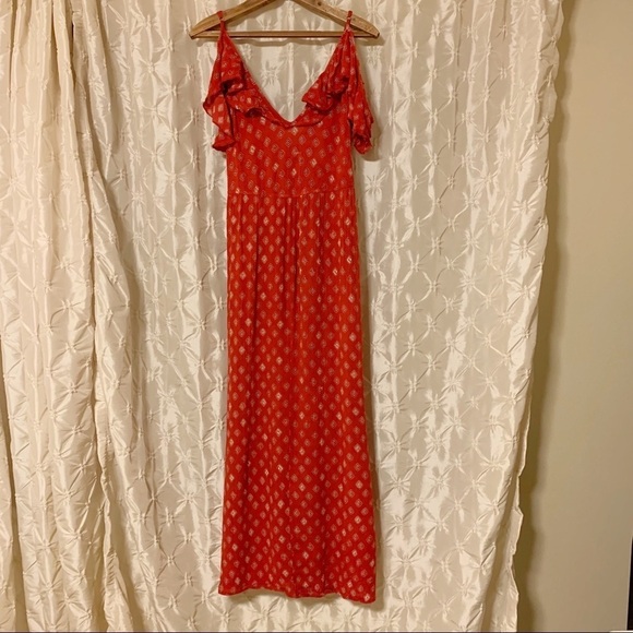 Band of Gypsies Wrap Red Maxi Dress Polka Dot Cold Shoulder - Picture 9 of 13